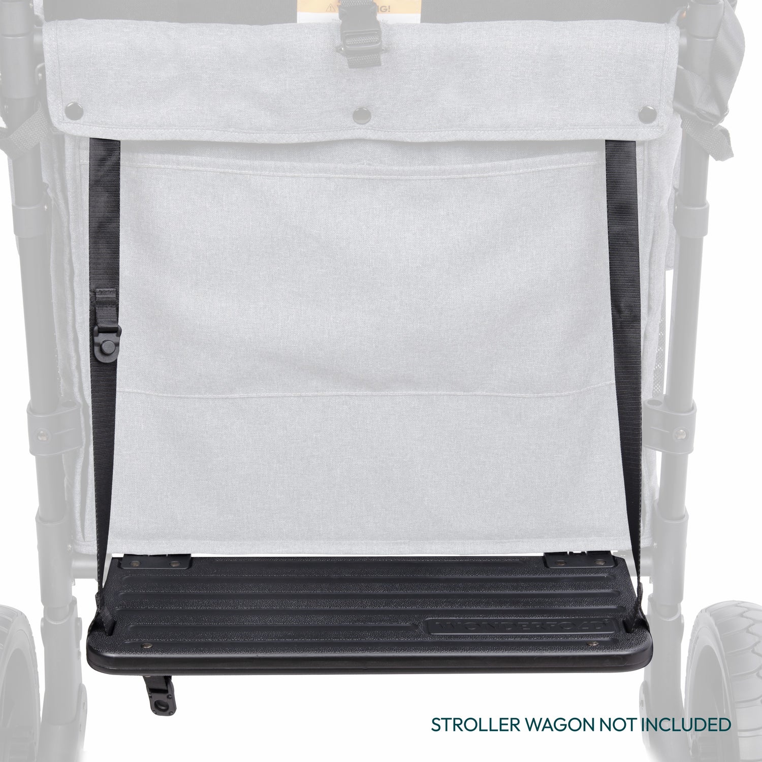 Buddy Board securely attached to the rear of a WonderFold W4 stroller wagon