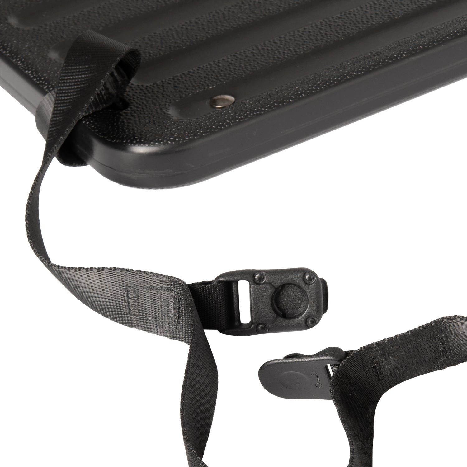 Detailed view of strap buckle for the Buddy Board accessory designed for WonderFold W2 and W4 stroller wagons