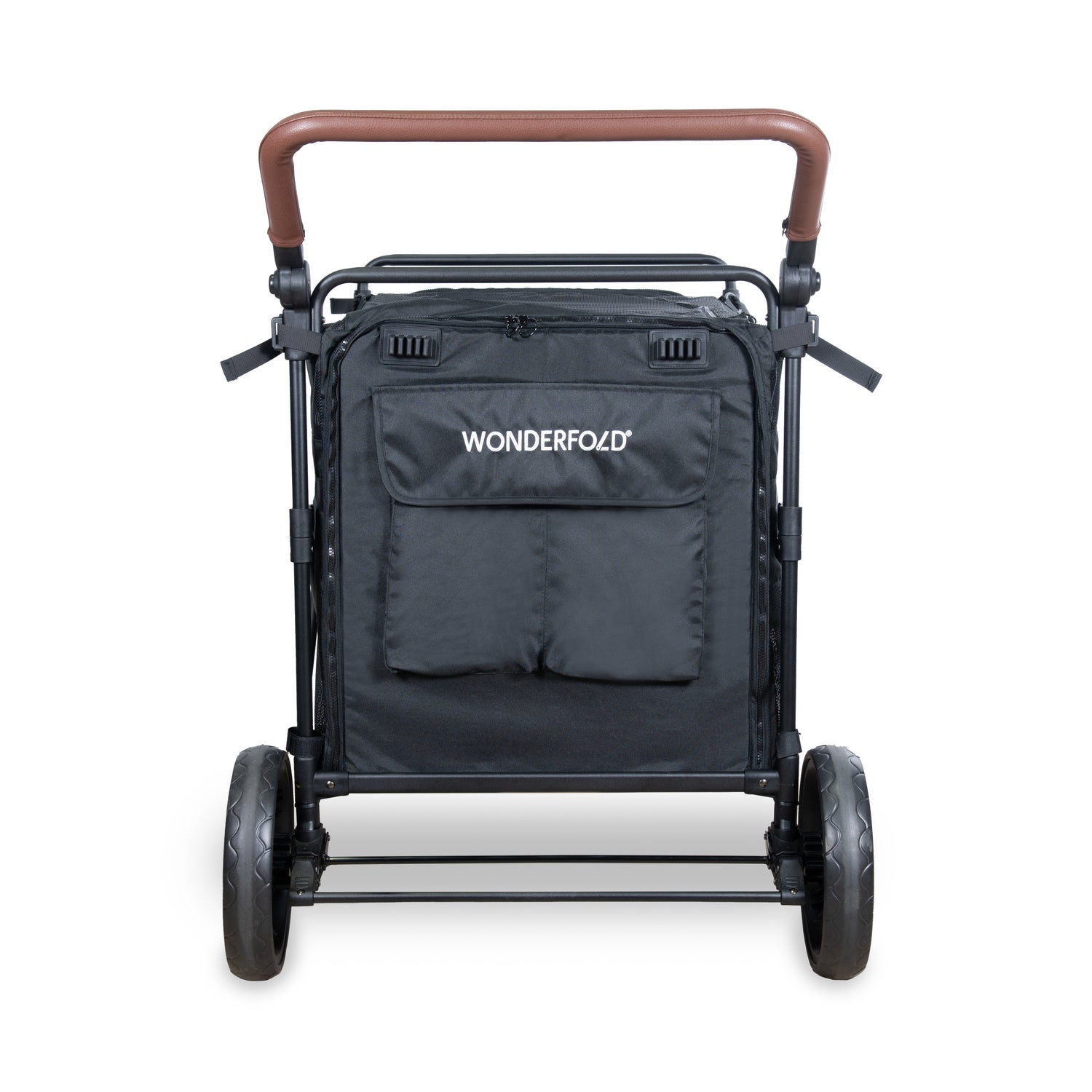 Rear view of the PXL Large Pet Stroller Wagon with dual large wheels and brown faux leather handle.