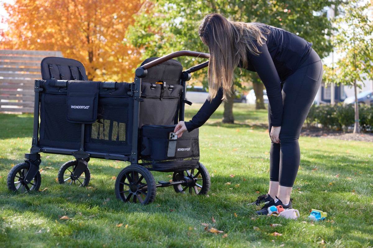 Mom uses carriage fabric with zippered  nets for storage